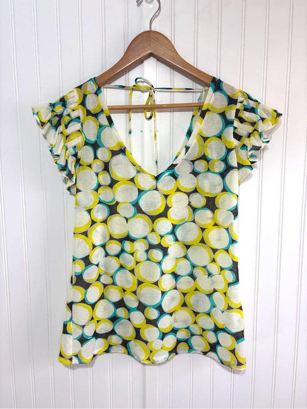 New York & Company Flutter Sleeve Tie Back Blouse Top Double V-Neck Size L